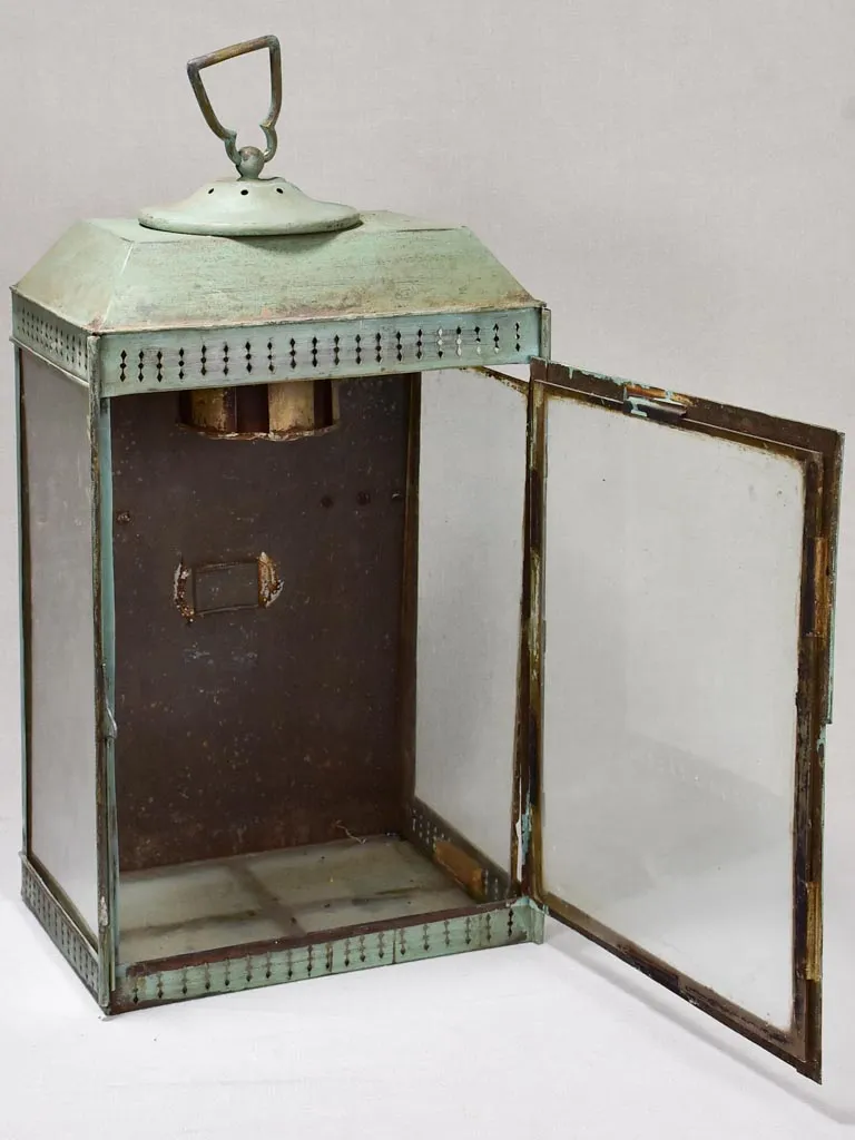 Rustic French wall lantern with green patina 26¾"