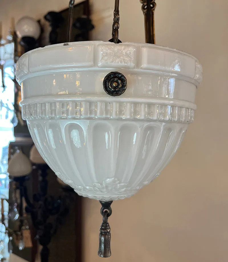SET OF 6 AVAILABLE -$725 EACH- Antique Circa 1910 Edwardian Opal Glass Patterned Dome with Cast Brass Hardware