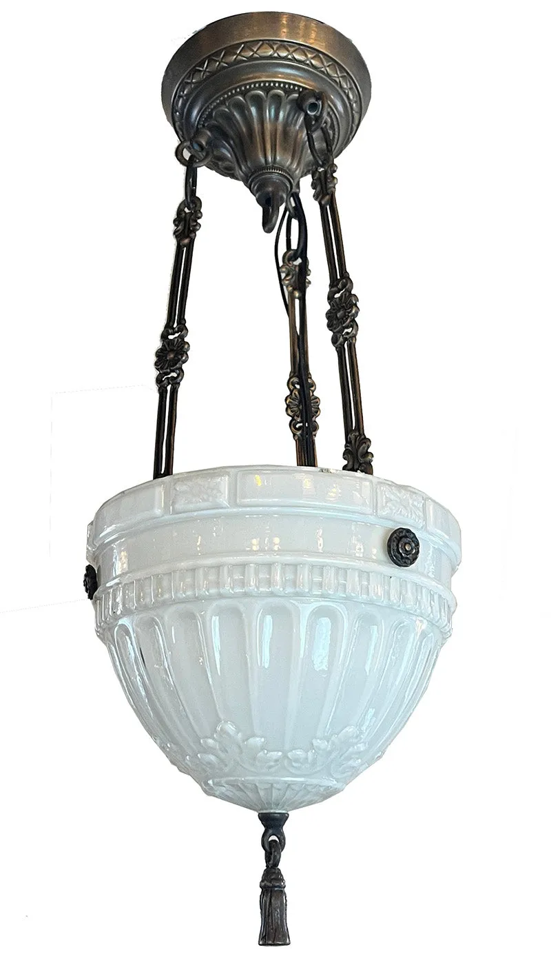 SET OF 6 AVAILABLE -$725 EACH- Antique Circa 1910 Edwardian Opal Glass Patterned Dome with Cast Brass Hardware