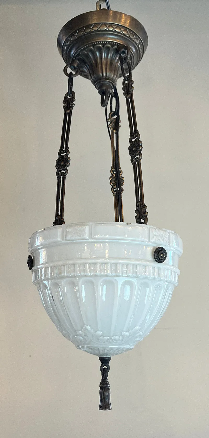 SET OF 6 AVAILABLE -$725 EACH- Antique Circa 1910 Edwardian Opal Glass Patterned Dome with Cast Brass Hardware