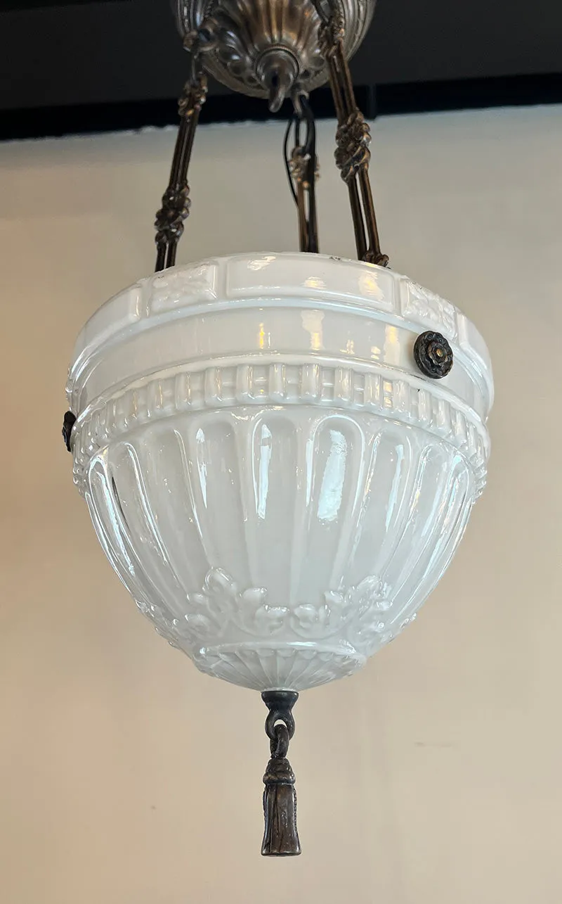 SET OF 6 AVAILABLE -$725 EACH- Antique Circa 1910 Edwardian Opal Glass Patterned Dome with Cast Brass Hardware