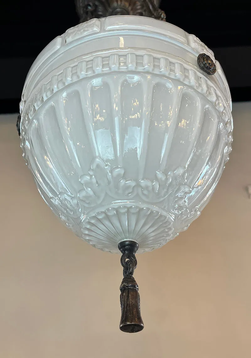 SET OF 6 AVAILABLE -$725 EACH- Antique Circa 1910 Edwardian Opal Glass Patterned Dome with Cast Brass Hardware