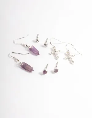 Silver Amethyst Cross Stack Earring Pack