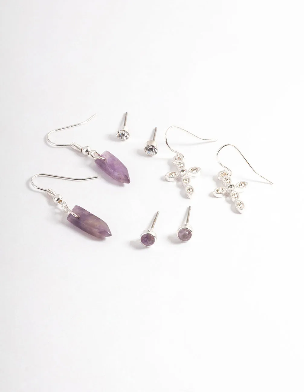 Silver Amethyst Cross Stack Earring Pack