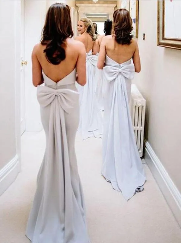 Simple Strapless Grey Satin Cheap Long Bridesmaid SWK13964