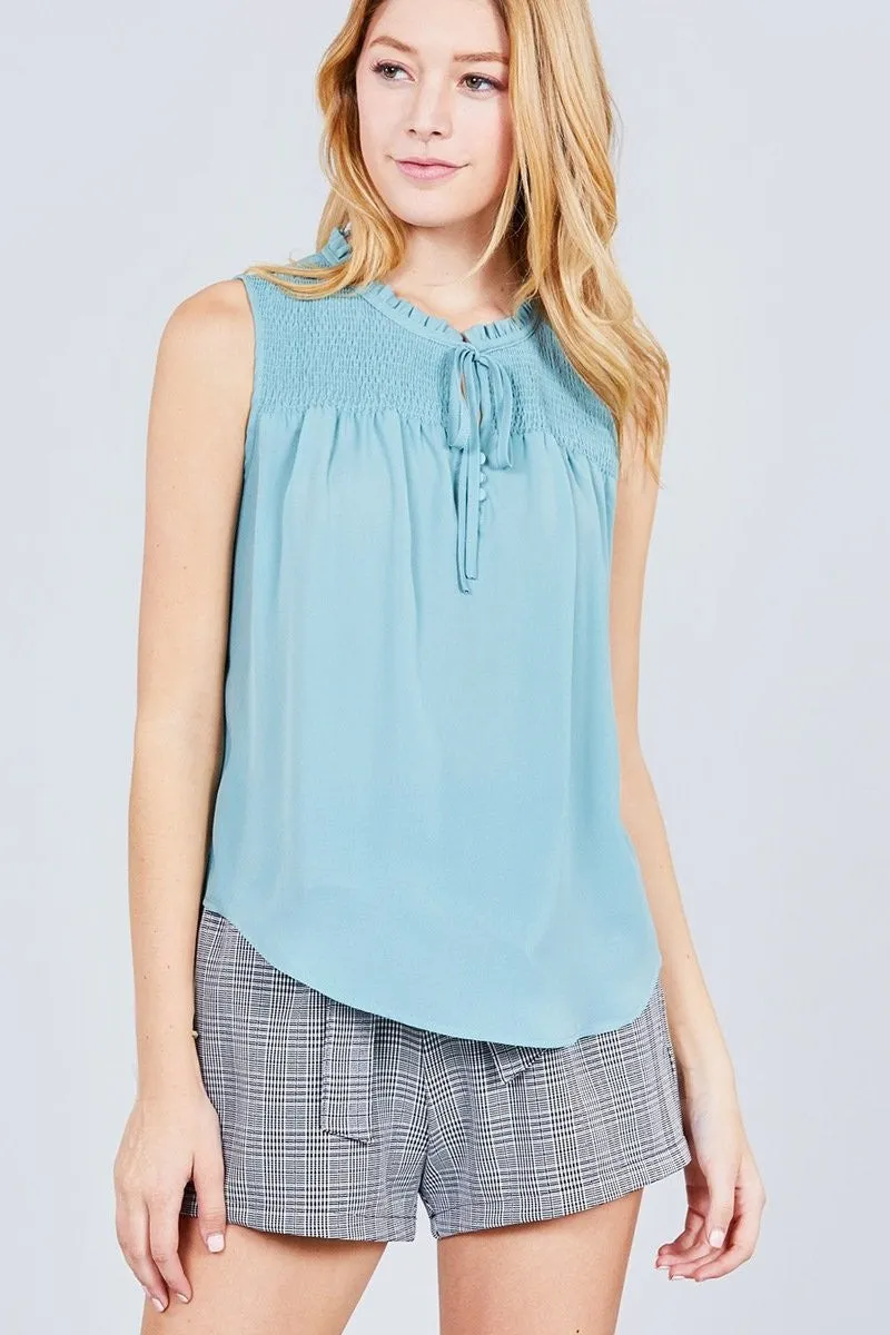 Sleeveless Ruffle Neck Front Button Woven Top