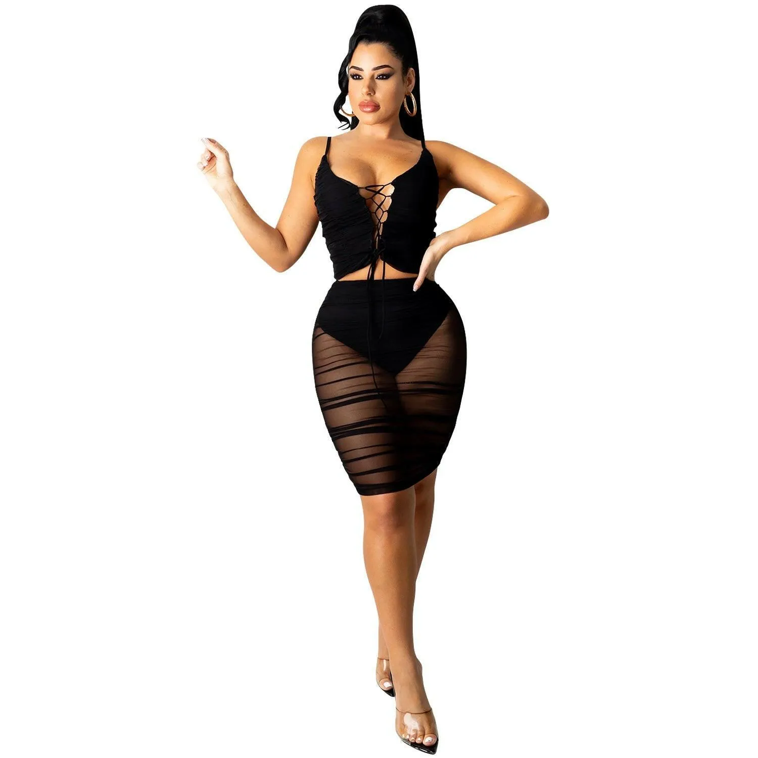 Sling Solid Color Lace-up Pleated Drawstring
