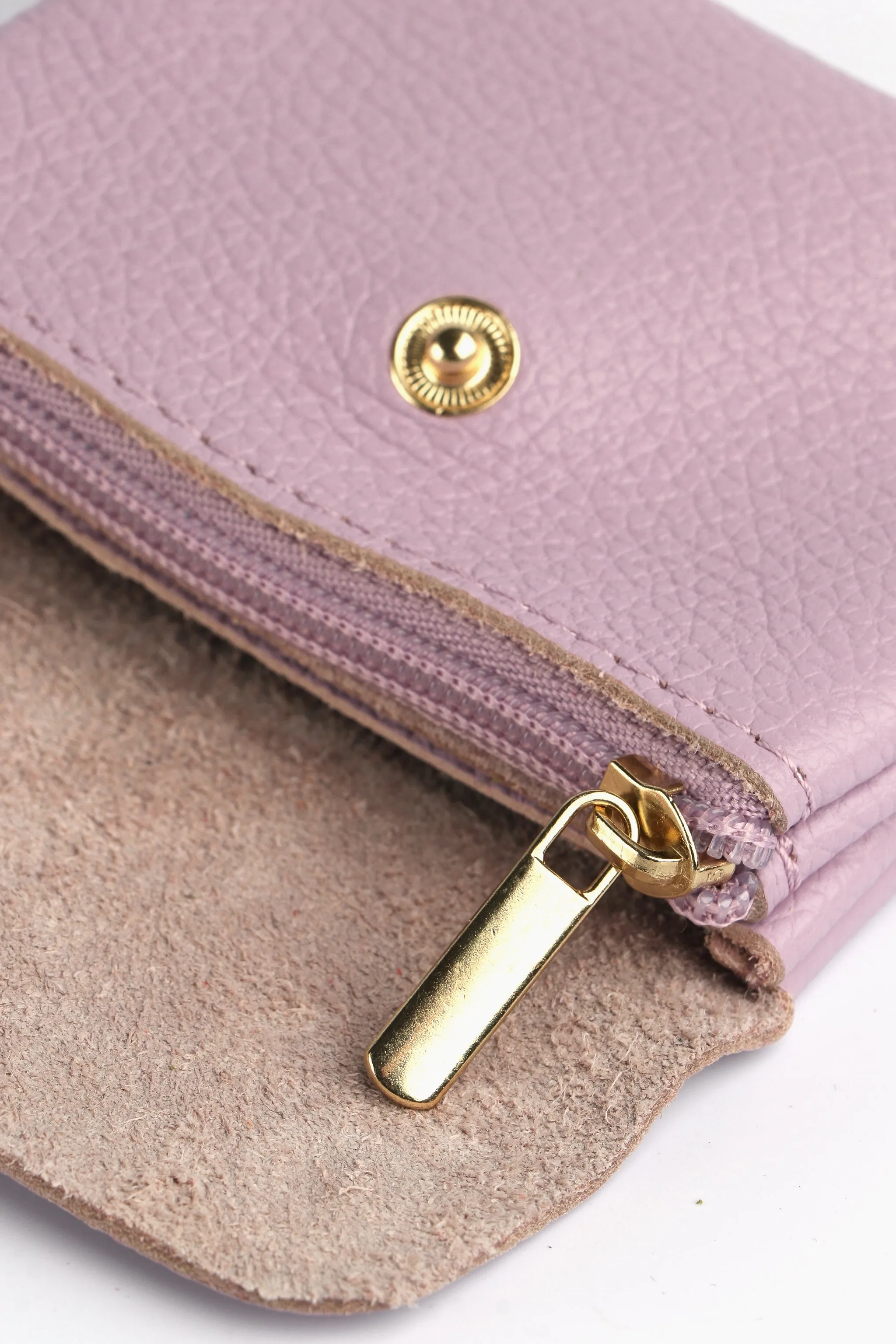 Small Italian Leather Button Fastened Coin Purse with Internal Zip in Lilac