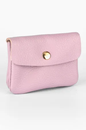 Small Italian Leather Button Fastened Coin Purse with Internal Zip in Lilac