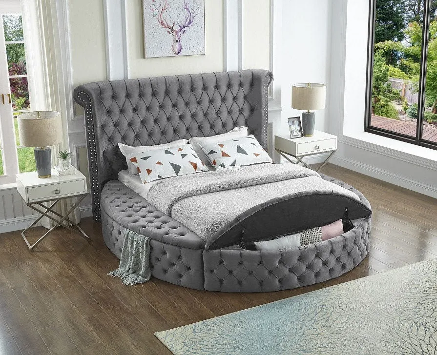 Space Saving and Luxurious Round Grey Velvet Bed
