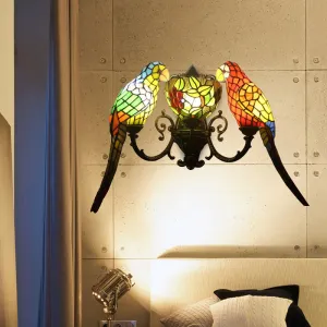 Stained Glass Parrots Wall Sconce Light - Tiffany Rustic Style with 2 Lights, Bowl Shade in Antique Bronze Finish