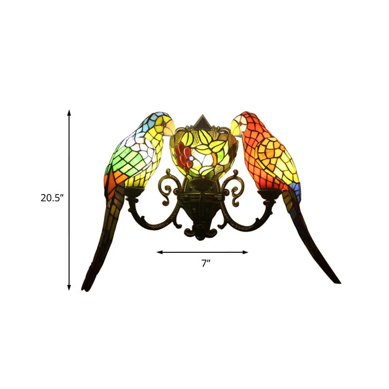 Stained Glass Parrots Wall Sconce Light - Tiffany Rustic Style with 2 Lights, Bowl Shade in Antique Bronze Finish