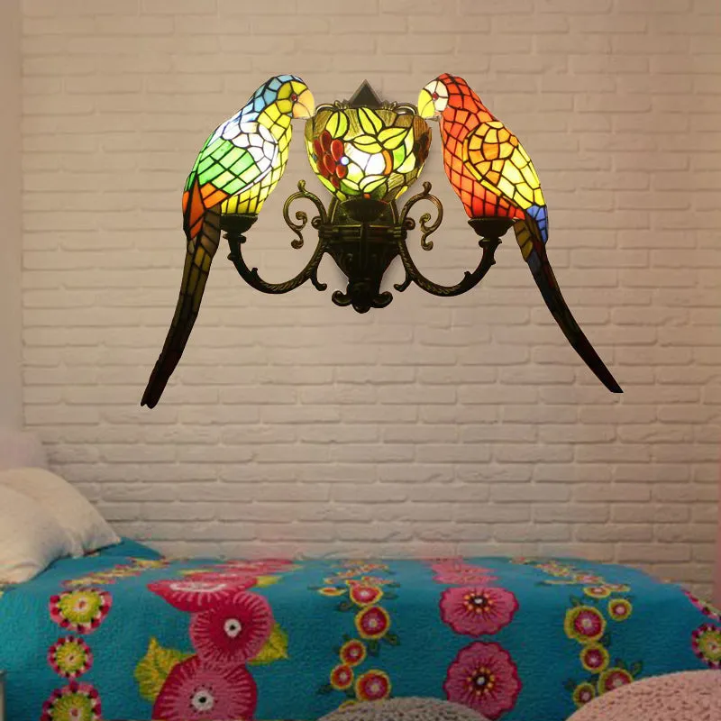 Stained Glass Parrots Wall Sconce Light - Tiffany Rustic Style with 2 Lights, Bowl Shade in Antique Bronze Finish