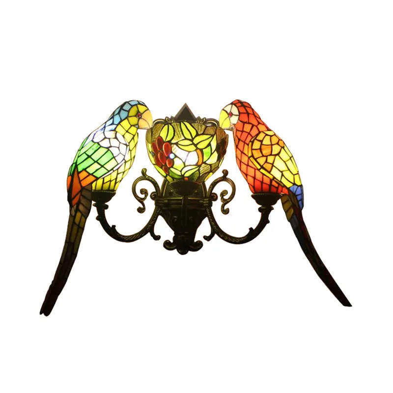 Stained Glass Parrots Wall Sconce Light - Tiffany Rustic Style with 2 Lights, Bowl Shade in Antique Bronze Finish