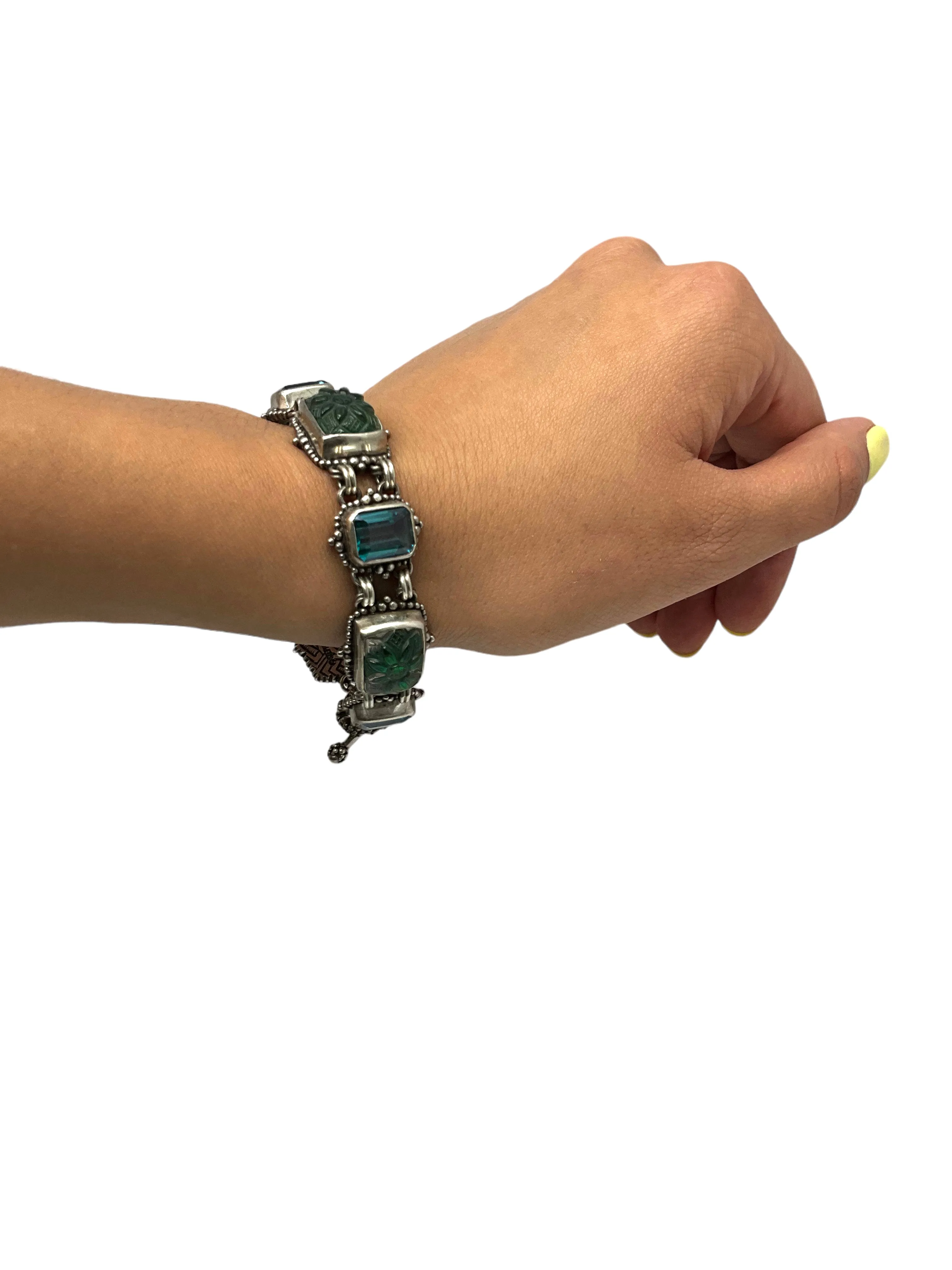 Stephen Dweck Oxidized Silver Carved Precious Stone Bracelet