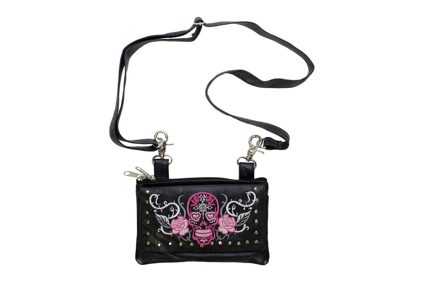 Studded Hot Pink Sugar Skull Naked Cowhide Leather Belt Bag