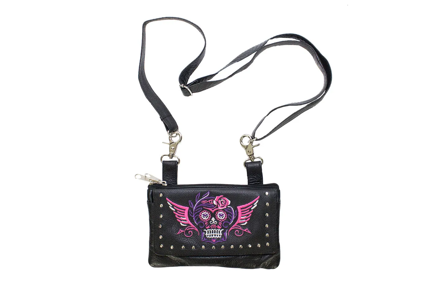 Studded Pink and Purple Sugar Skull Naked Cowhide Leather Belt Bag