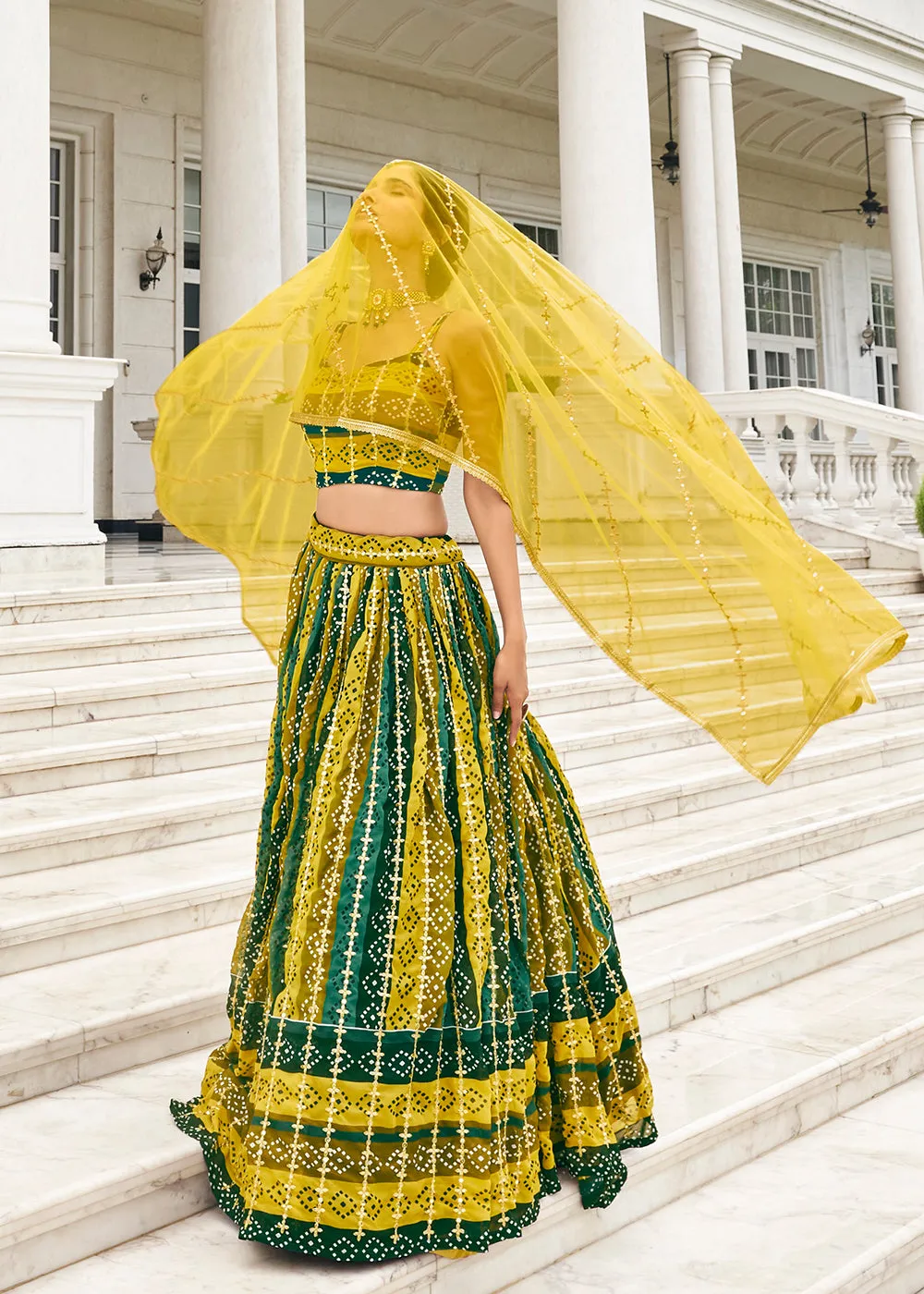 Superb Green & Yellow Bandhani Printed Wedding Lehenga Choli