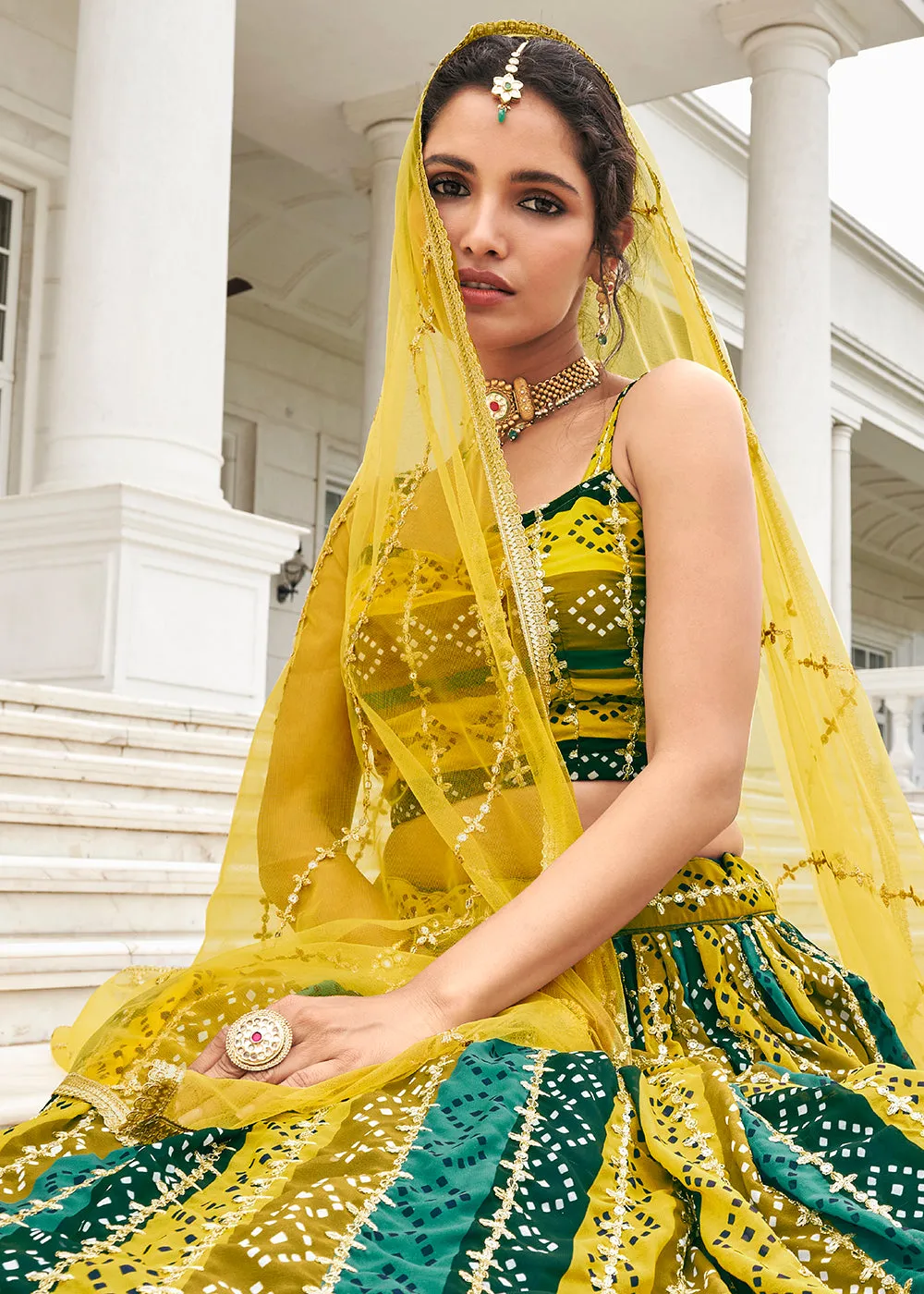 Superb Green & Yellow Bandhani Printed Wedding Lehenga Choli