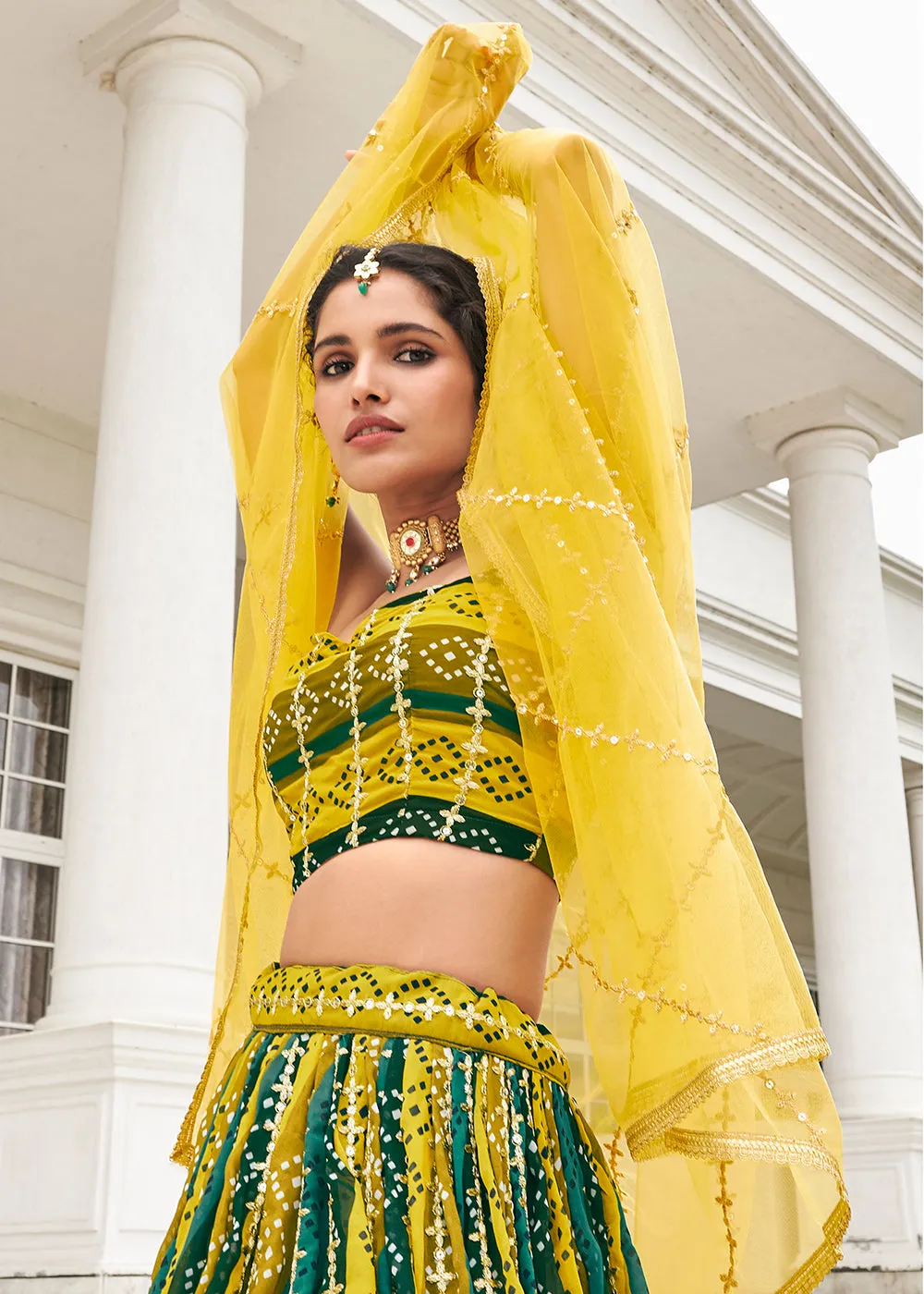 Superb Green & Yellow Bandhani Printed Wedding Lehenga Choli