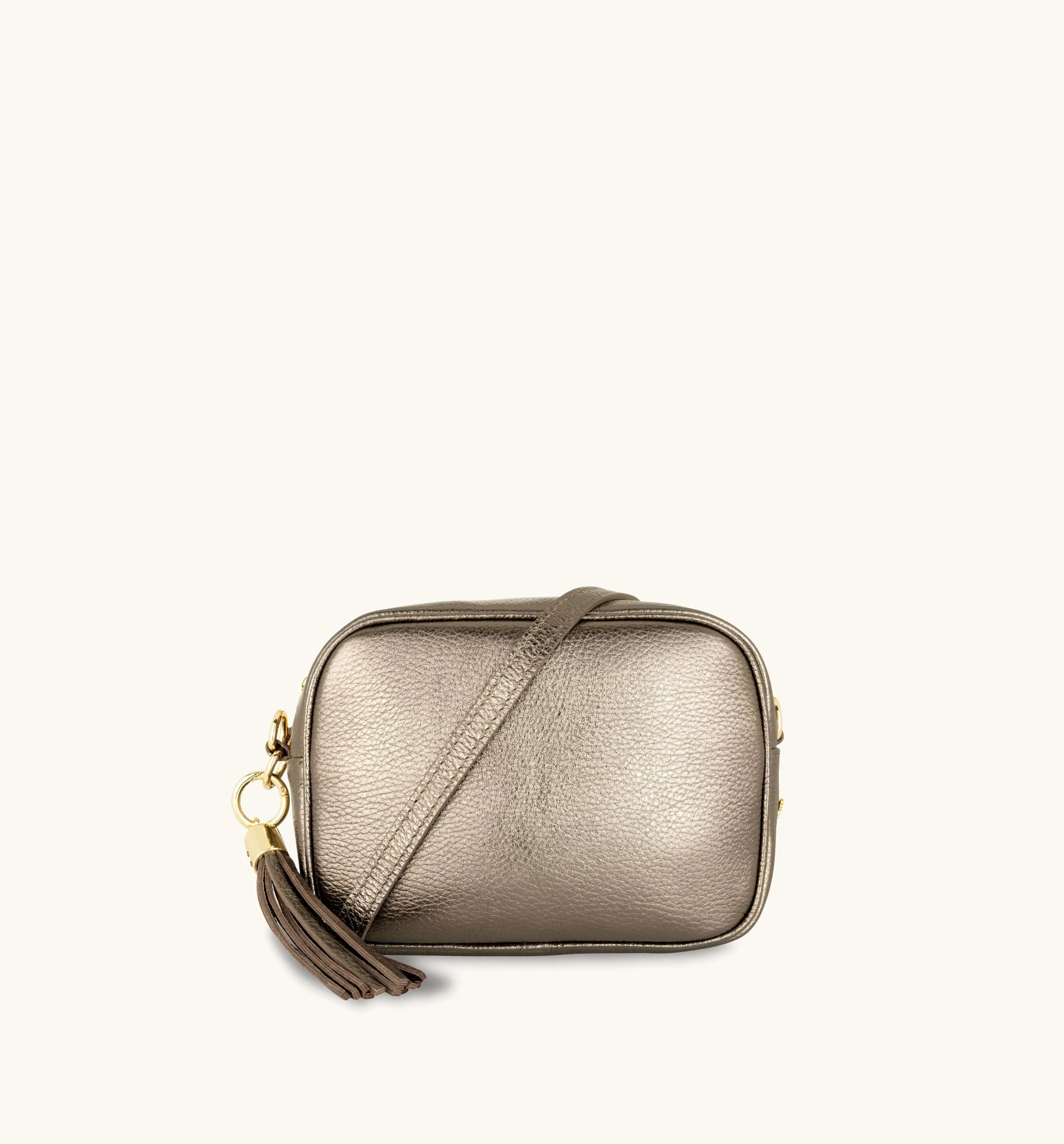 The Tassel Bronze Leather Crossbody Bag With Cappuccino Dots Strap