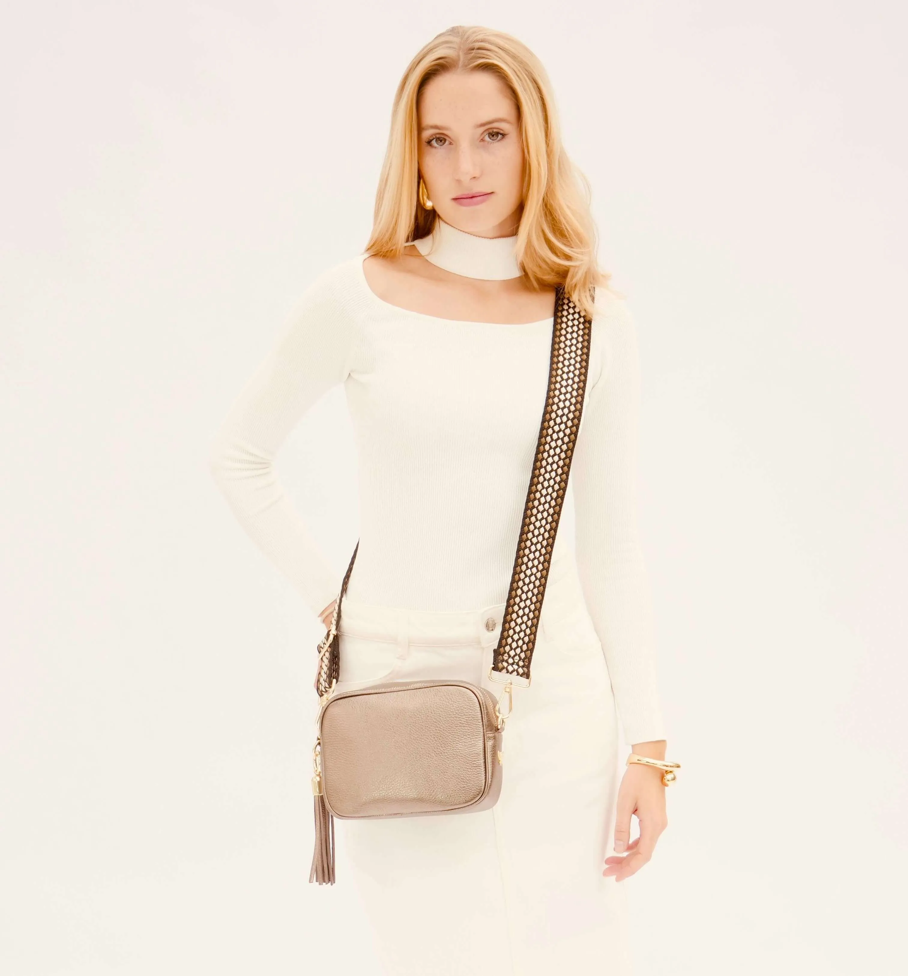 The Tassel Bronze Leather Crossbody Bag With Cappuccino Dots Strap
