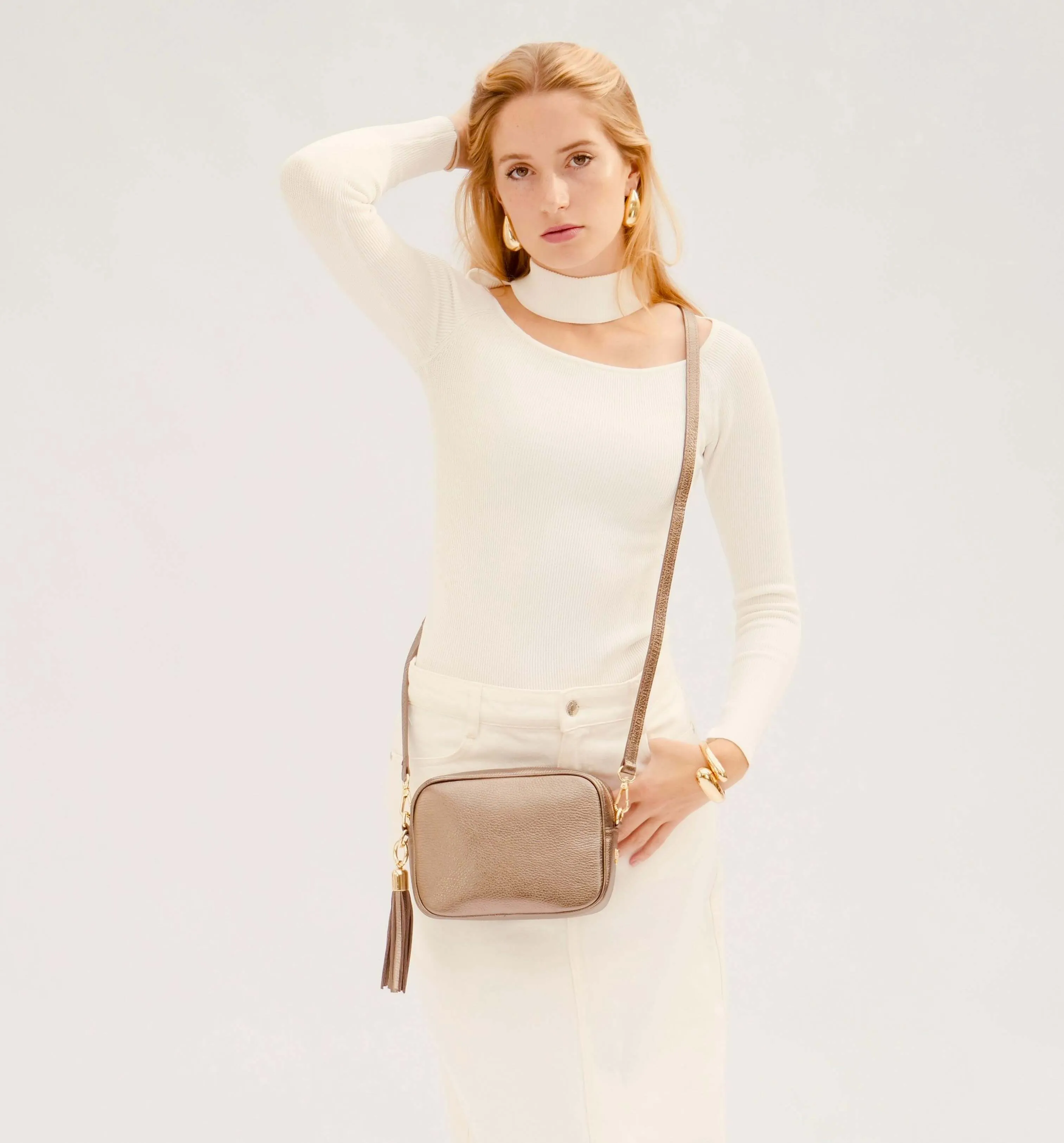 The Tassel Bronze Leather Crossbody Bag With Cappuccino Dots Strap