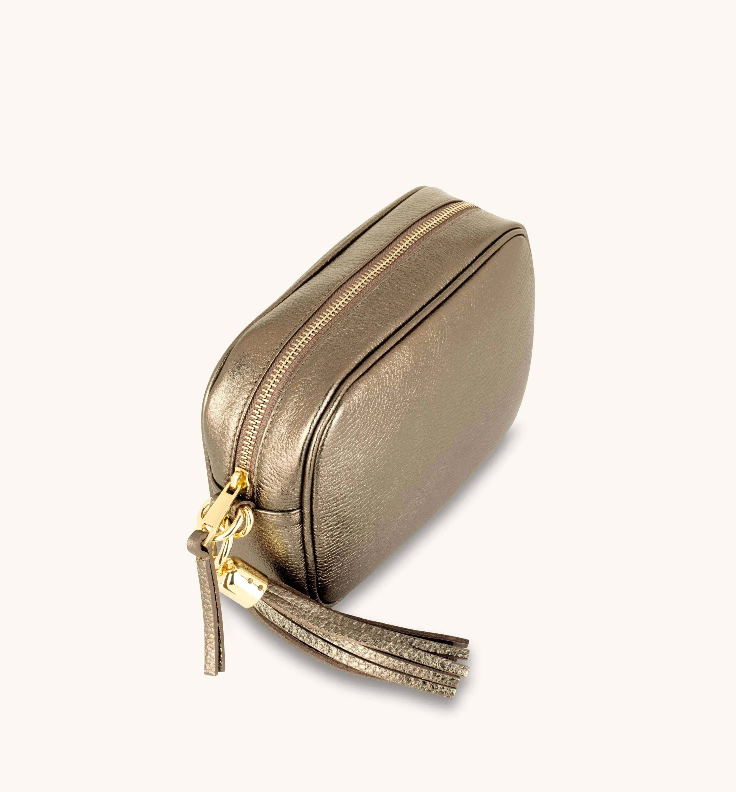The Tassel Bronze Leather Crossbody Bag With Cappuccino Dots Strap