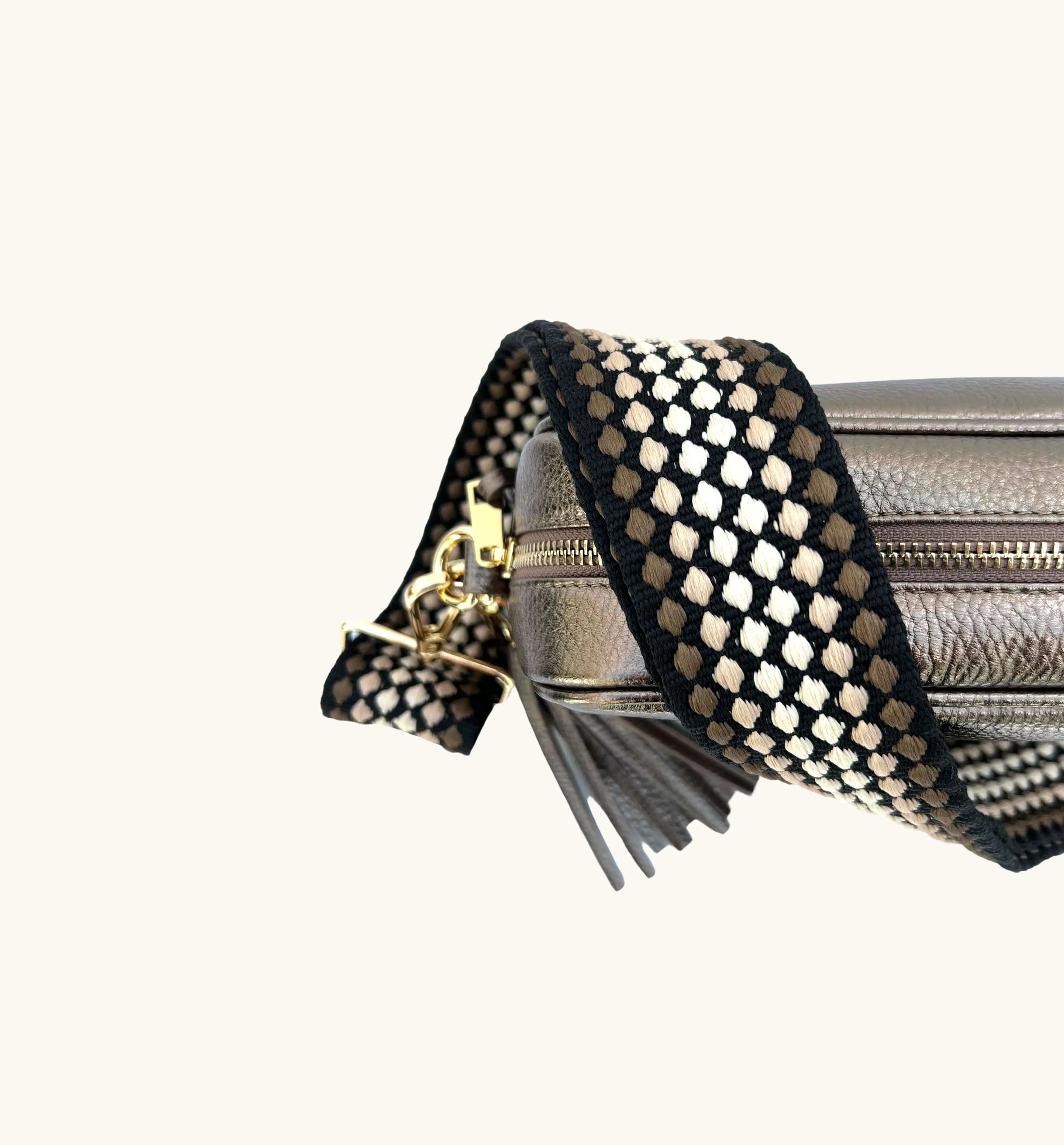 The Tassel Bronze Leather Crossbody Bag With Cappuccino Dots Strap
