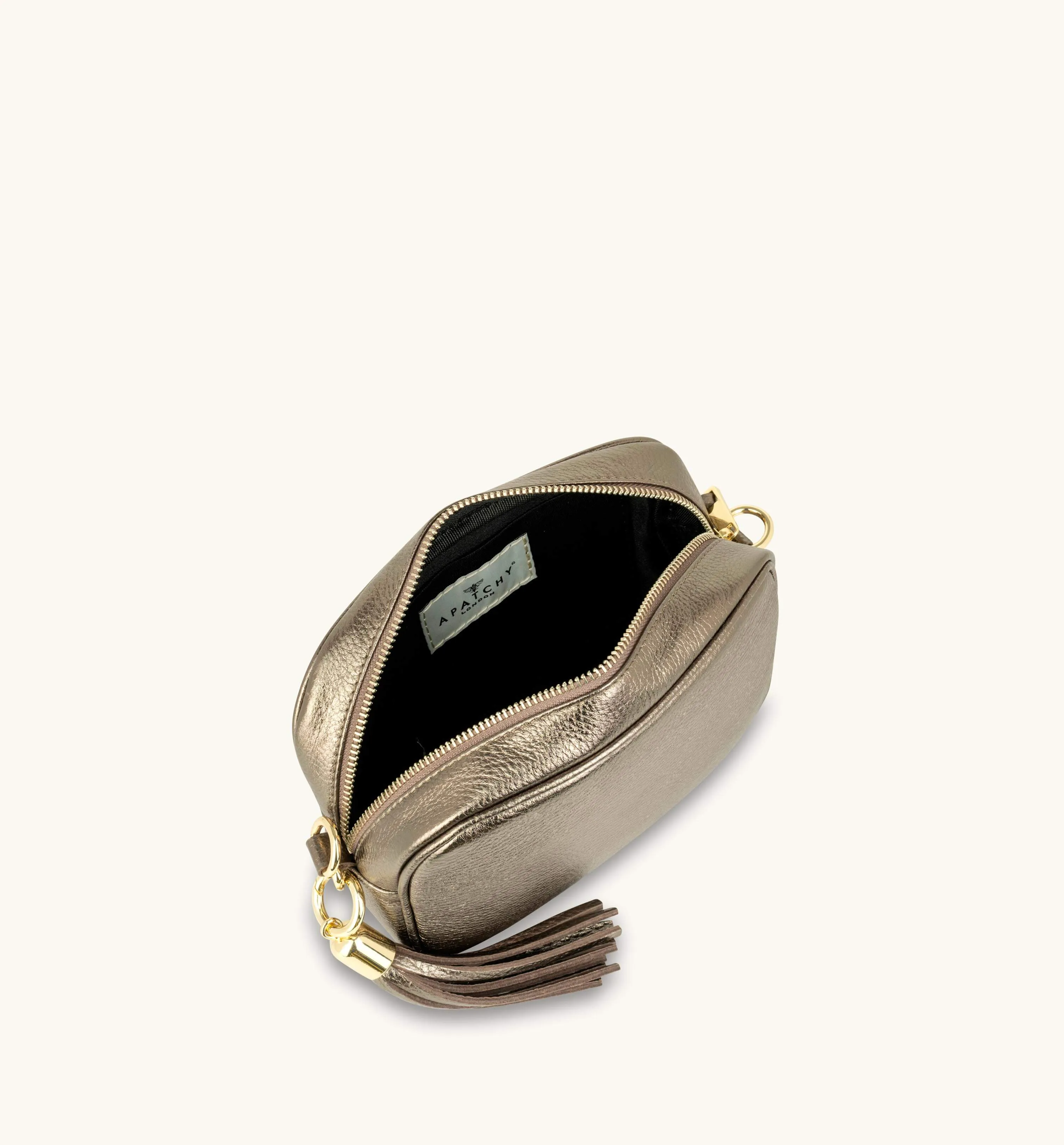 The Tassel Bronze Leather Crossbody Bag With Cappuccino Dots Strap