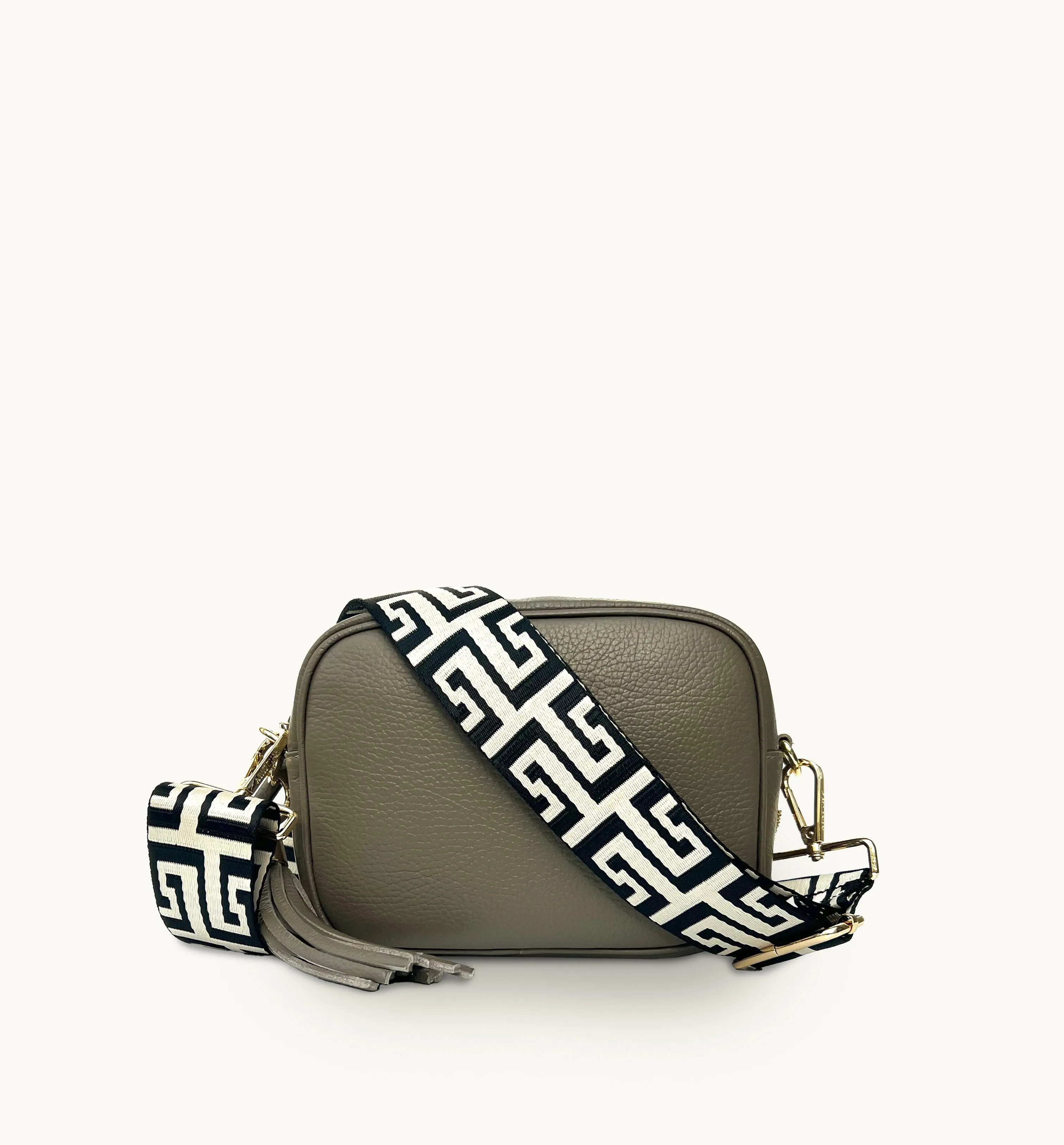 The Tassel Latte Leather Crossbody Bag With Black & Stone Maze Strap
