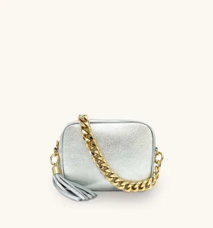 The Tassel Silver Leather Crossbody Bag With Gold Chain Strap