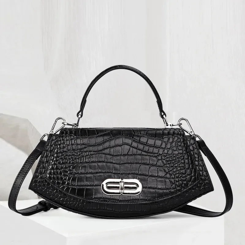 Trendy Leather Saddle Bag with Crocodile Pattern
