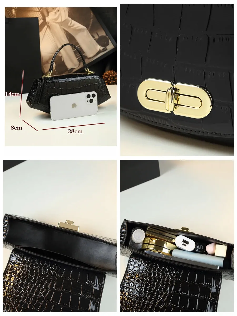 Trendy Leather Saddle Bag with Crocodile Pattern