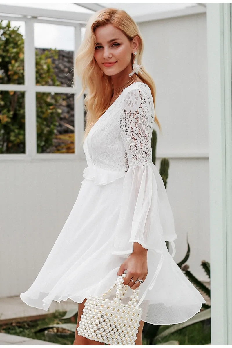 VenusFox Simple Embroidery Flare Sleeve Hollow Vintage Dress