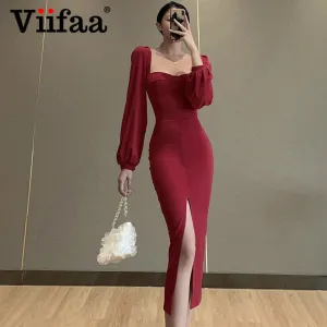 VenusFox Sweetheart Neck High Waist Split Hem Elegant Party Women Midi Dress Bishop Sleeve Autumn Bodycon Ladies Pencil Dresses
