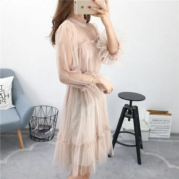 VenusFox Womens Elegant Sweet Mesh Trimmed with Lace Sheer Sexy Party Dresses