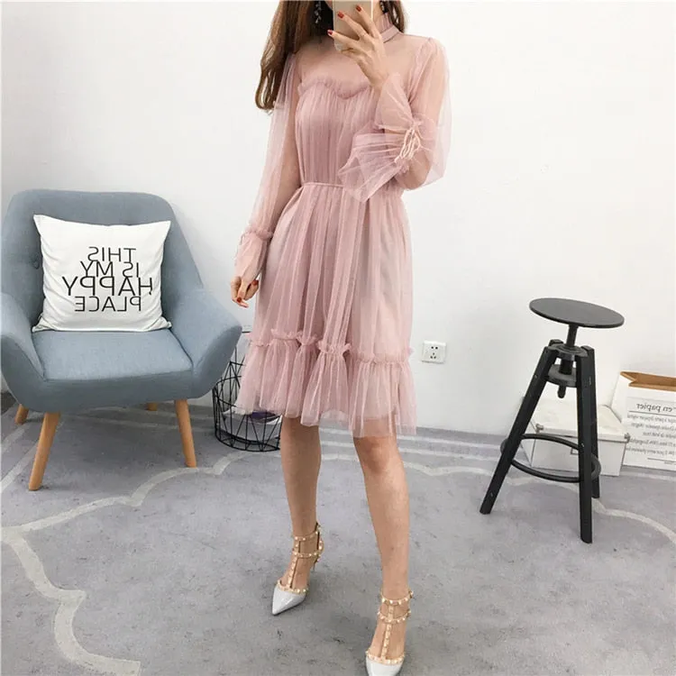 VenusFox Womens Elegant Sweet Mesh Trimmed with Lace Sheer Sexy Party Dresses