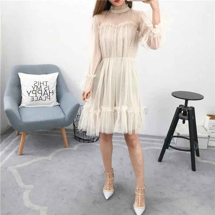 VenusFox Womens Elegant Sweet Mesh Trimmed with Lace Sheer Sexy Party Dresses