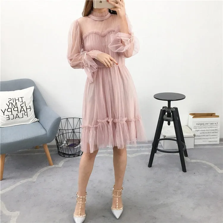 VenusFox Womens Elegant Sweet Mesh Trimmed with Lace Sheer Sexy Party Dresses