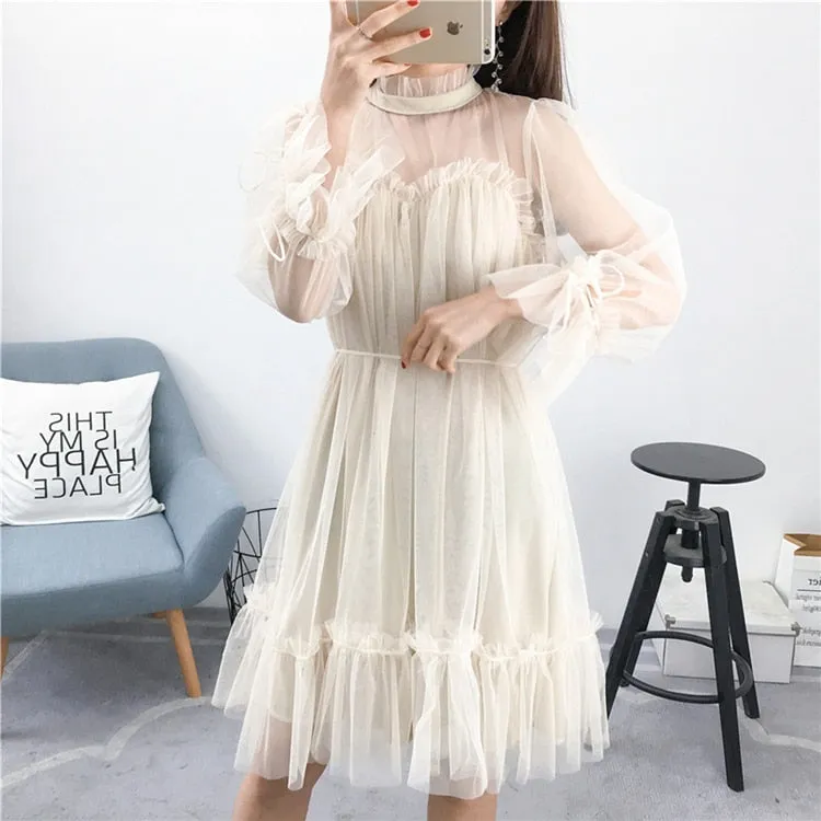 VenusFox Womens Elegant Sweet Mesh Trimmed with Lace Sheer Sexy Party Dresses