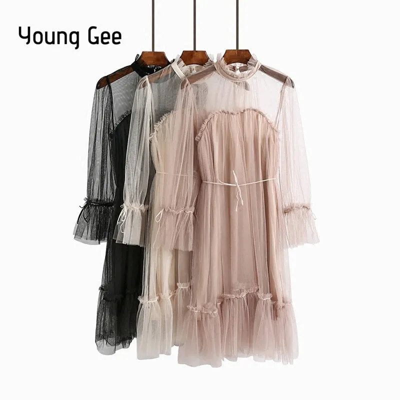 VenusFox Womens Elegant Sweet Mesh Trimmed with Lace Sheer Sexy Party Dresses