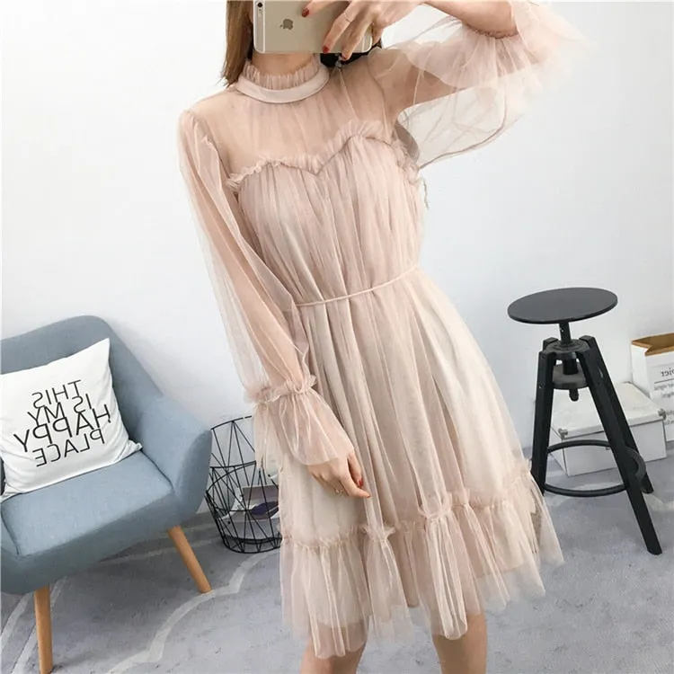 VenusFox Womens Elegant Sweet Mesh Trimmed with Lace Sheer Sexy Party Dresses