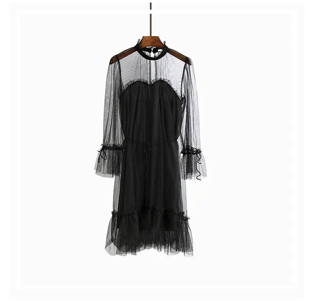 VenusFox Womens Elegant Sweet Mesh Trimmed with Lace Sheer Sexy Party Dresses
