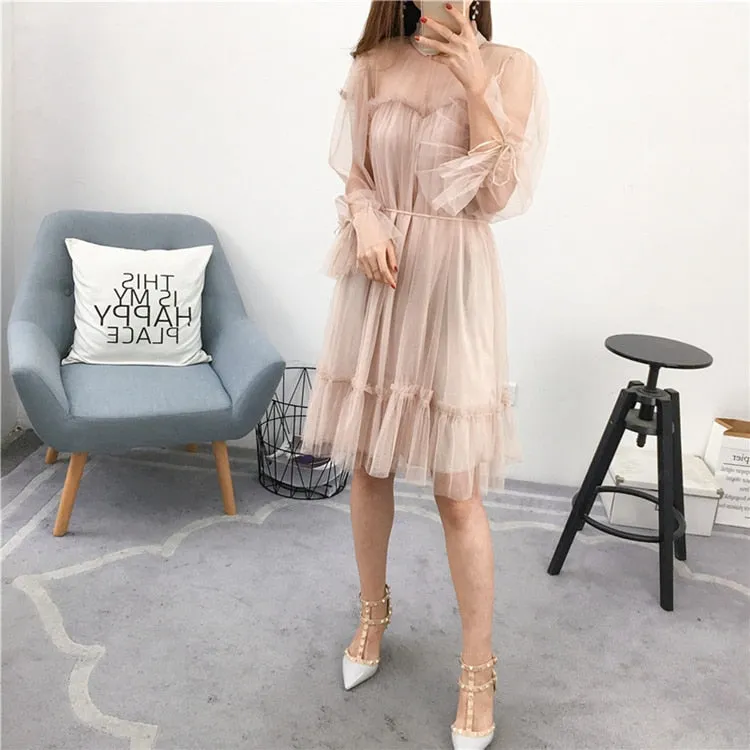 VenusFox Womens Elegant Sweet Mesh Trimmed with Lace Sheer Sexy Party Dresses