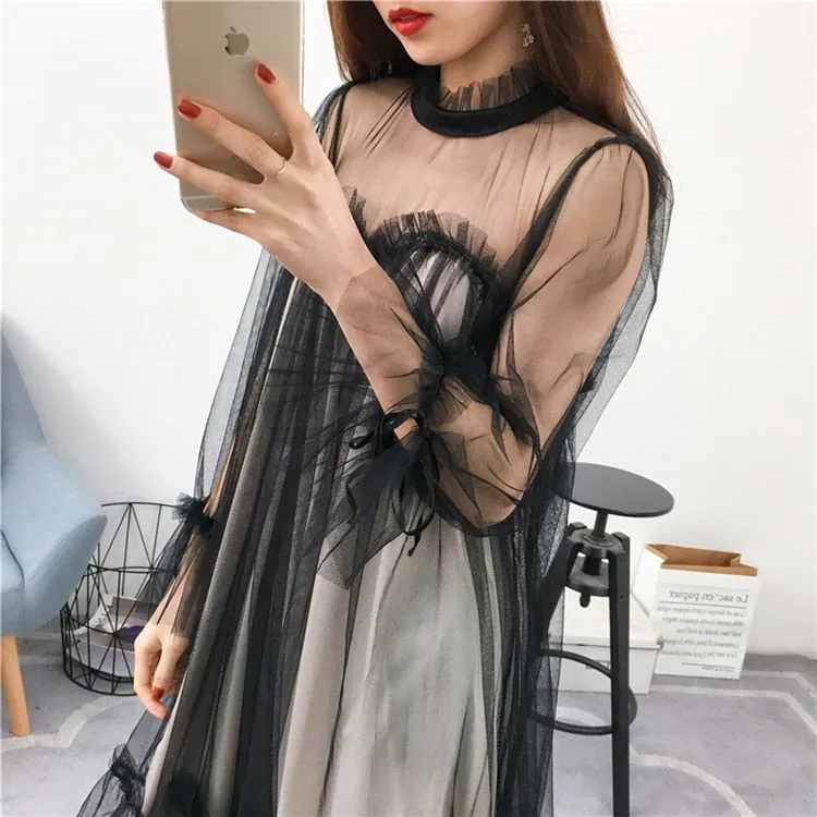 VenusFox Womens Elegant Sweet Mesh Trimmed with Lace Sheer Sexy Party Dresses