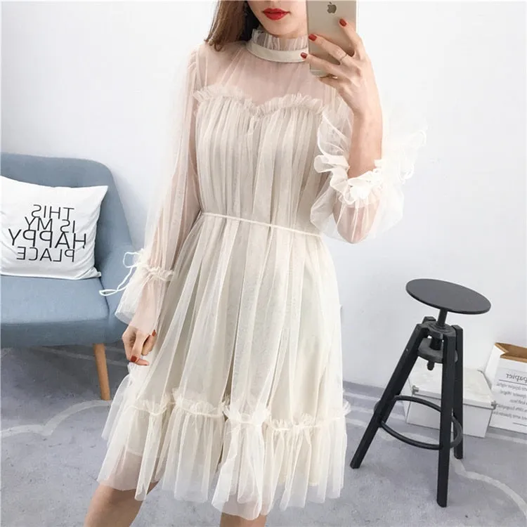 VenusFox Womens Elegant Sweet Mesh Trimmed with Lace Sheer Sexy Party Dresses
