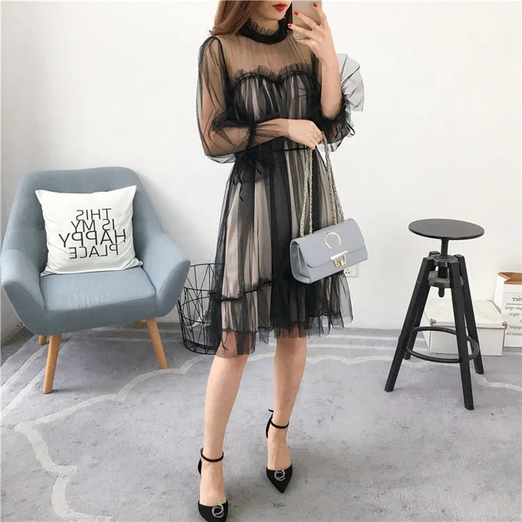 VenusFox Womens Elegant Sweet Mesh Trimmed with Lace Sheer Sexy Party Dresses
