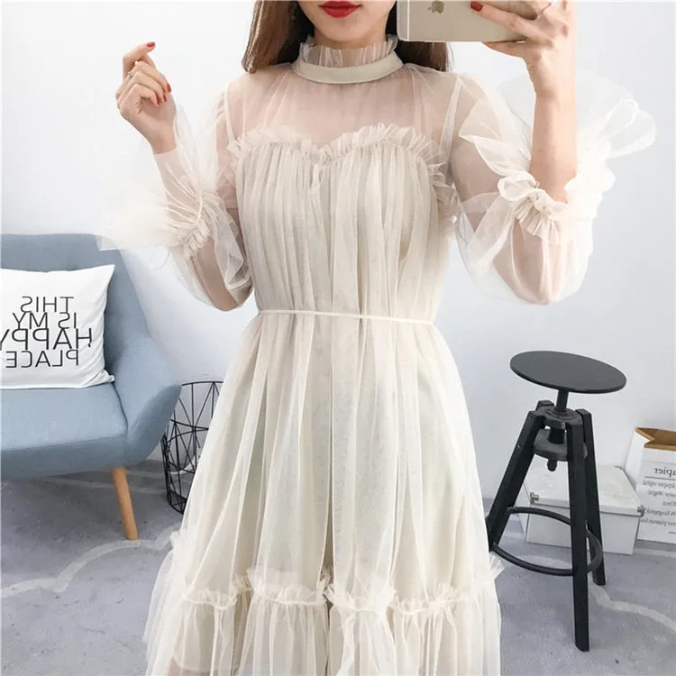 VenusFox Womens Elegant Sweet Mesh Trimmed with Lace Sheer Sexy Party Dresses
