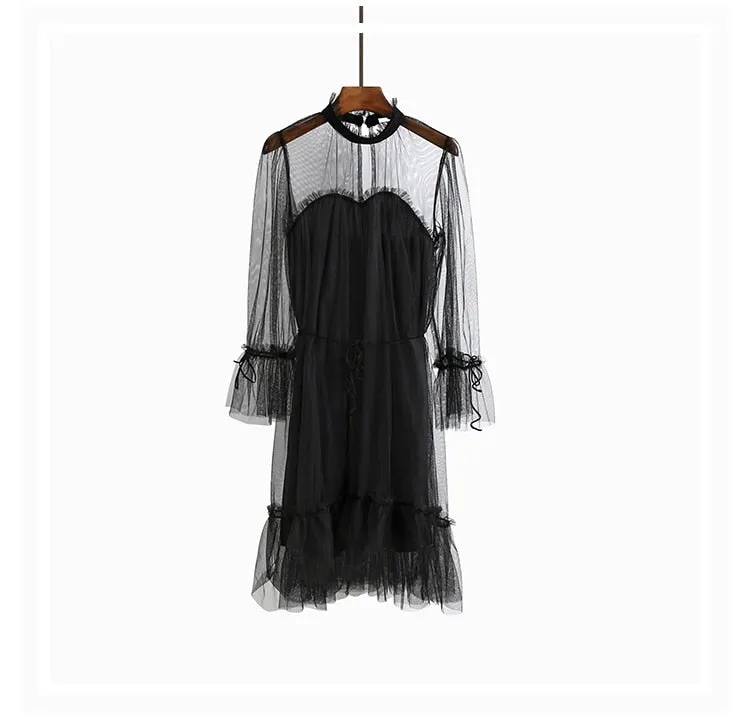 VenusFox Womens Elegant Sweet Mesh Trimmed with Lace Sheer Sexy Party Dresses